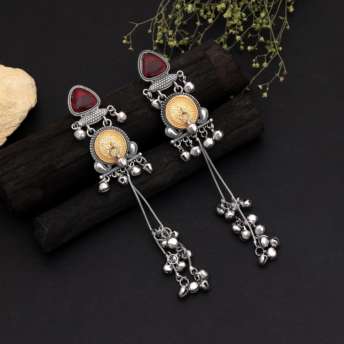 Maroon Color Oxidised Kashmiri German Silver Jhumka