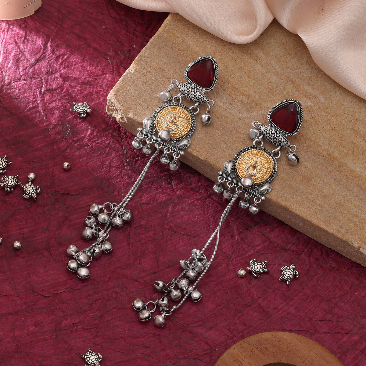 Maroon Color Oxidised Kashmiri German Silver Jhumka