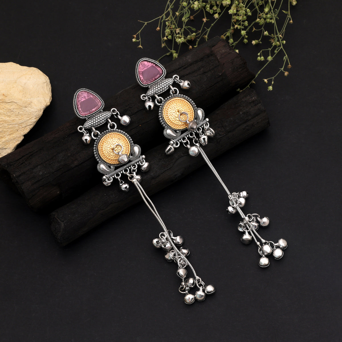 Purple Color Oxidised Kashmiri German Silver Dangle Earrings
