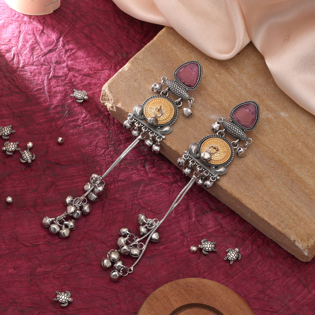 Purple Color Oxidised Kashmiri German Silver Dangle Earrings