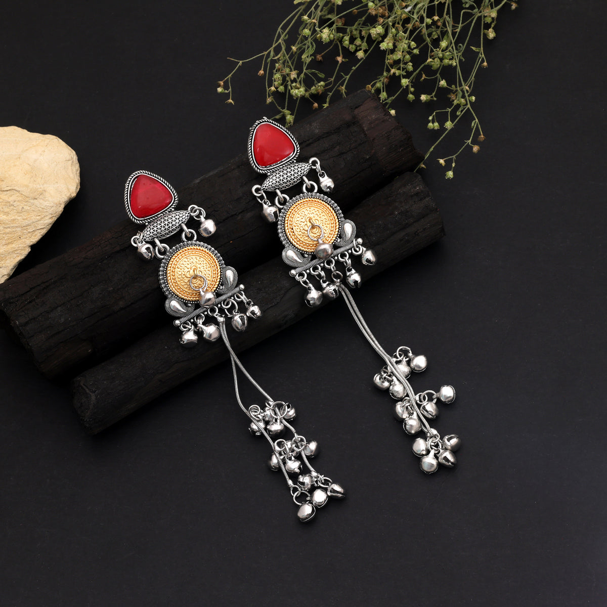 Red Color Oxidised Kashmiri German Silver Chain Earrings