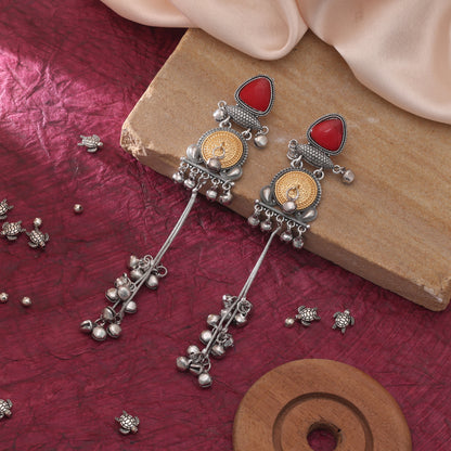 Red Color Oxidised Kashmiri German Silver Chain Earrings