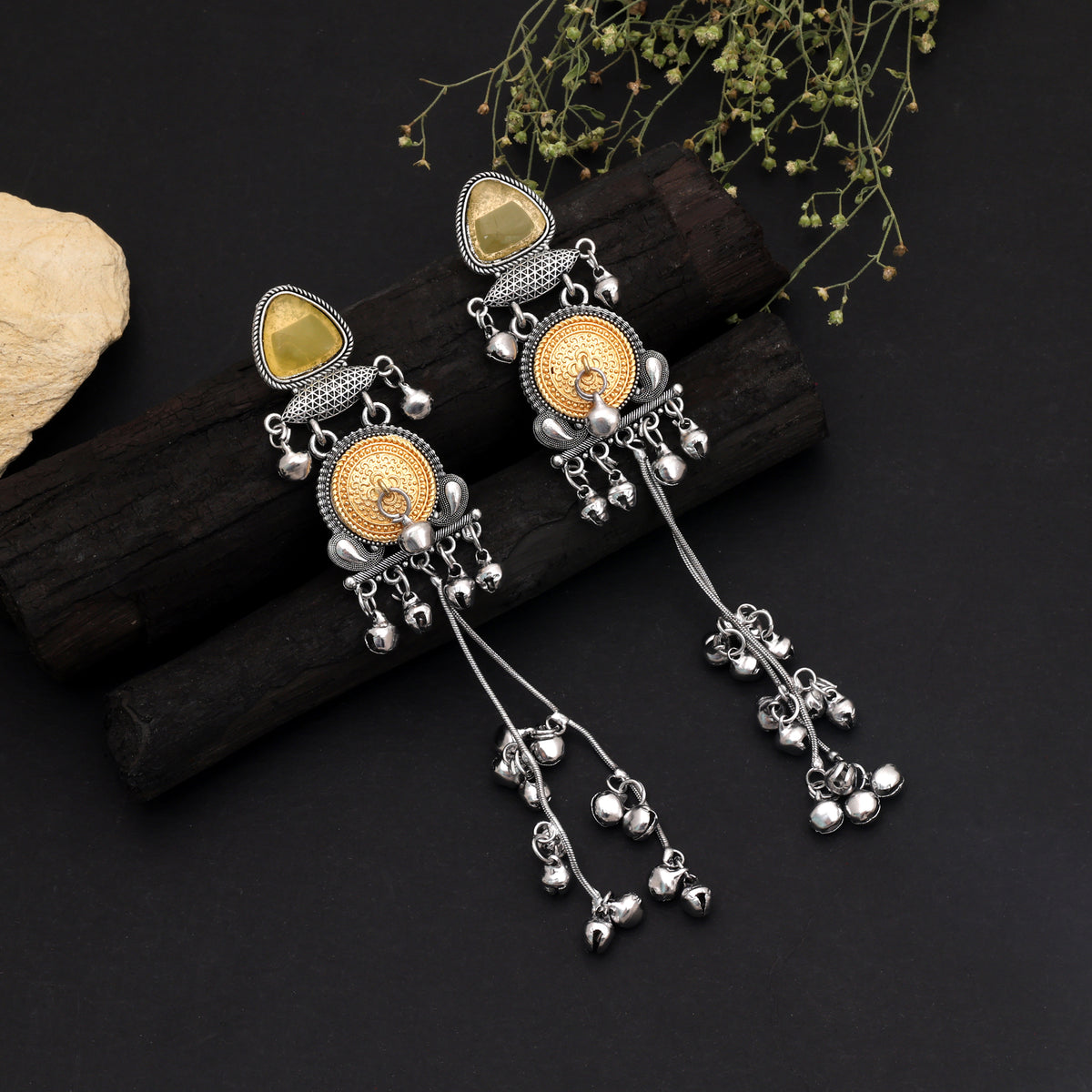 Yellow Color Oxidised Kashmiri German Silver Festive Earrings