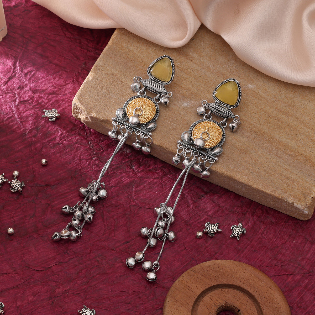 Yellow Color Oxidised Kashmiri German Silver Festive Earrings