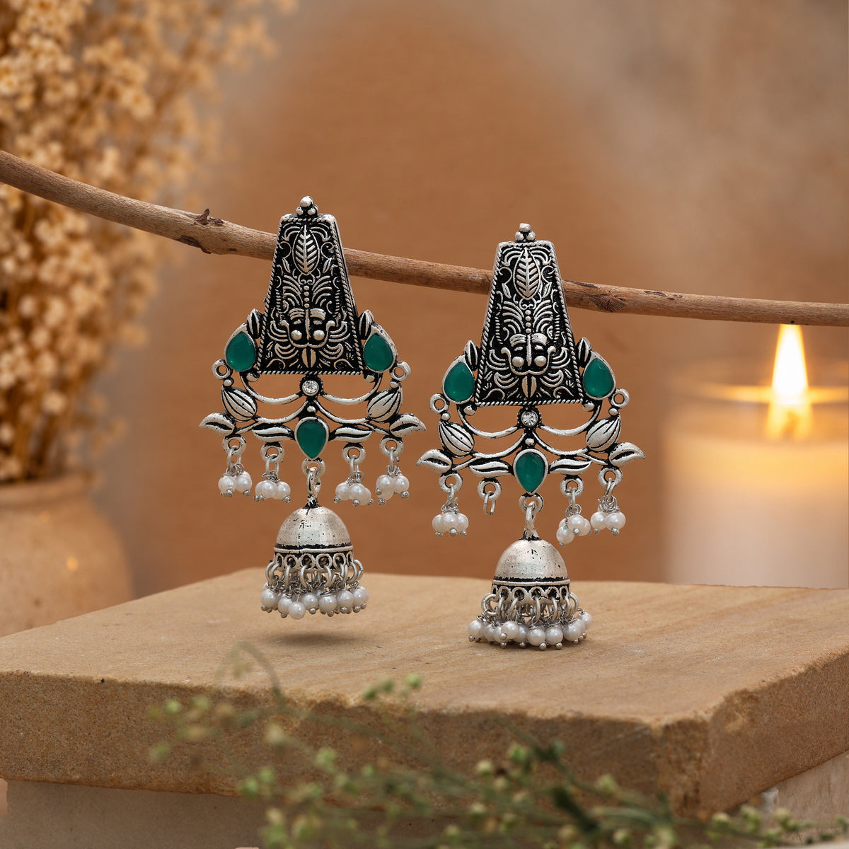 Green Color Oxidised German Silver Emerald Jhumka