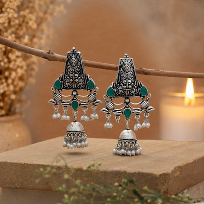 Green Color Oxidised German Silver Emerald Jhumka