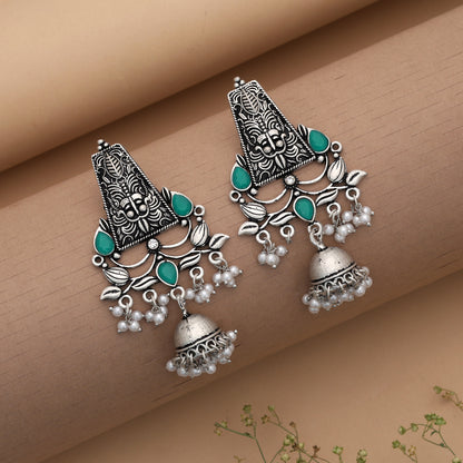 Green Color Oxidised German Silver Emerald Jhumka