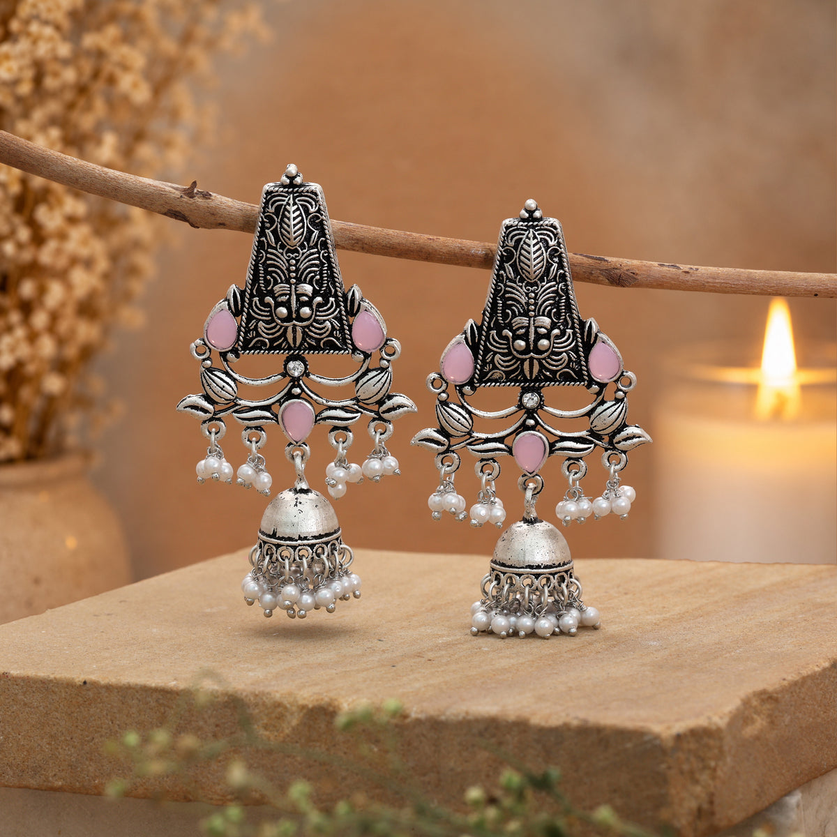 Pink Color Oxidised German Silver Baby Floral Earrings