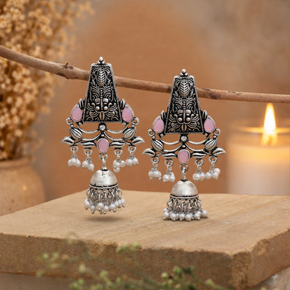 Pink Color Oxidised German Silver Baby Floral Earrings