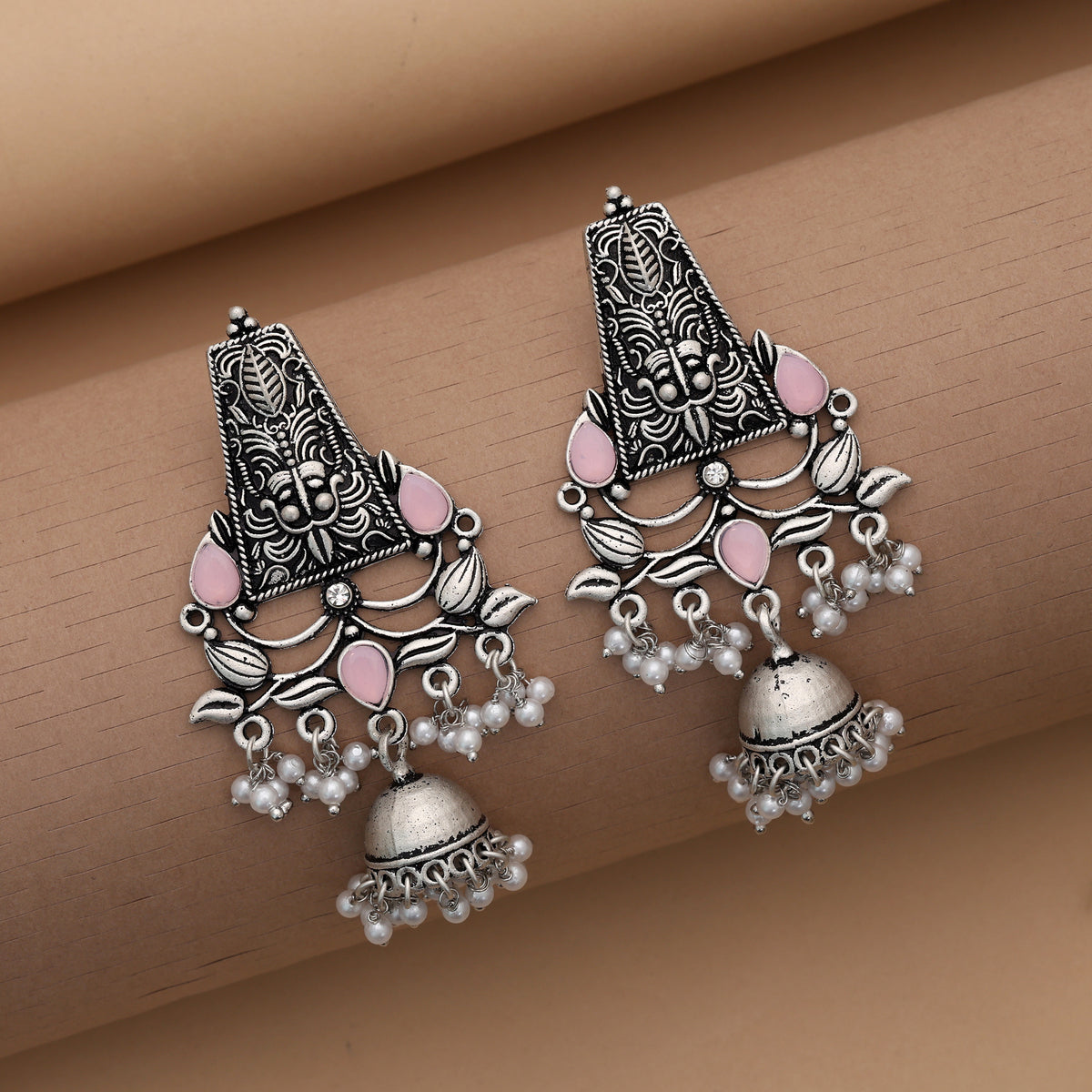 Pink Color Oxidised German Silver Baby Floral Earrings