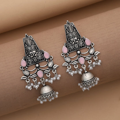 Pink Color Oxidised German Silver Baby Floral Earrings