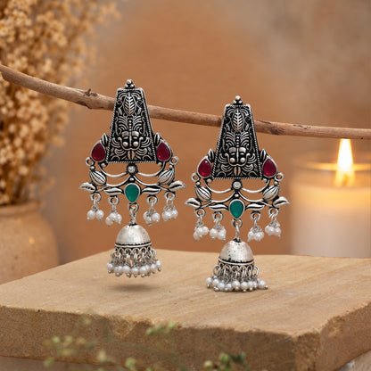 Rani Green Color Oxidised German Silver Drop Earrings