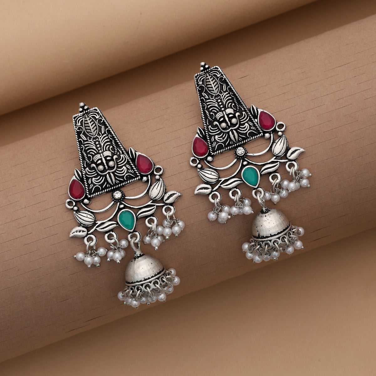 Rani Green Color Oxidised German Silver Drop Earrings