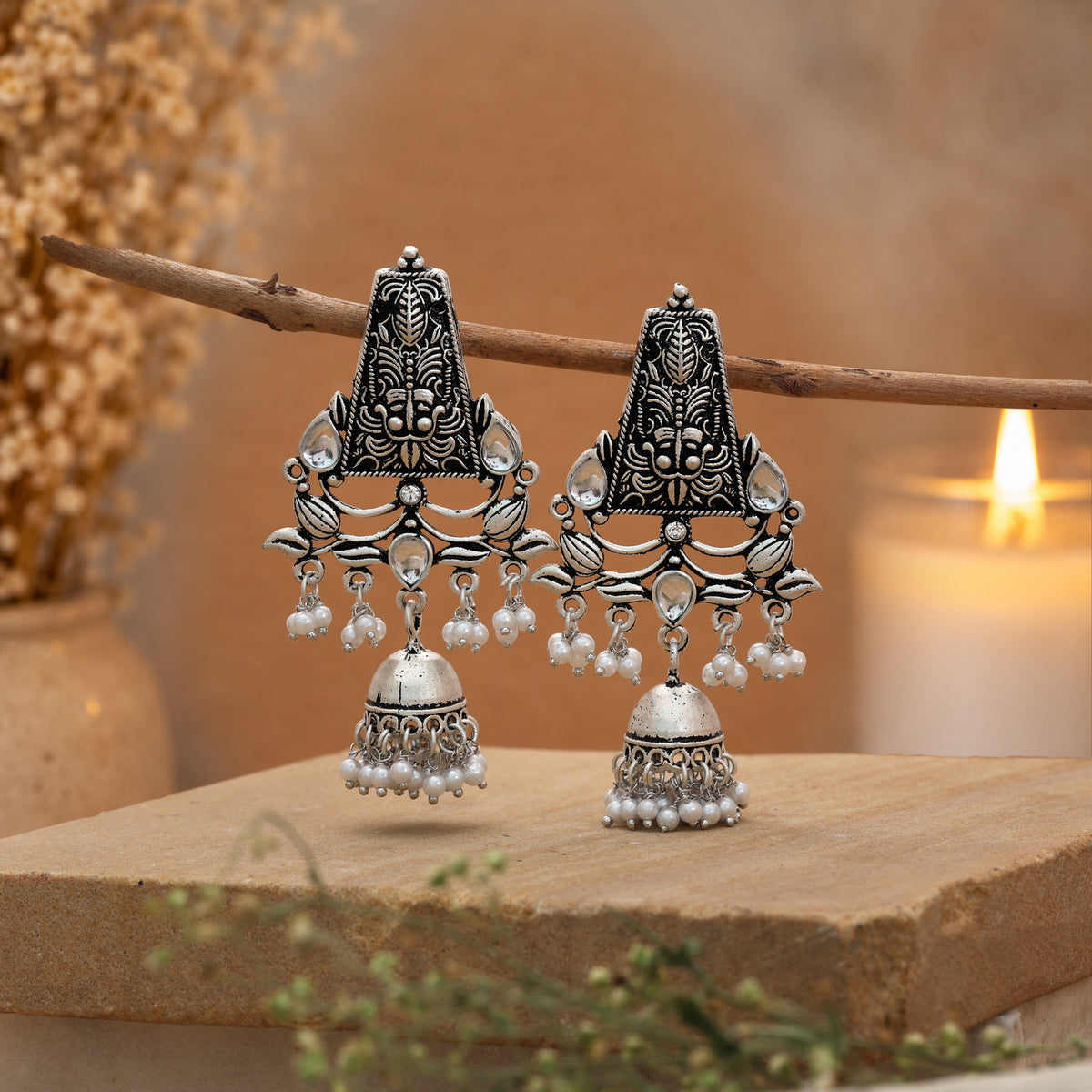 Silver Color Oxidised German Silver Tribal Jhumki Earrings