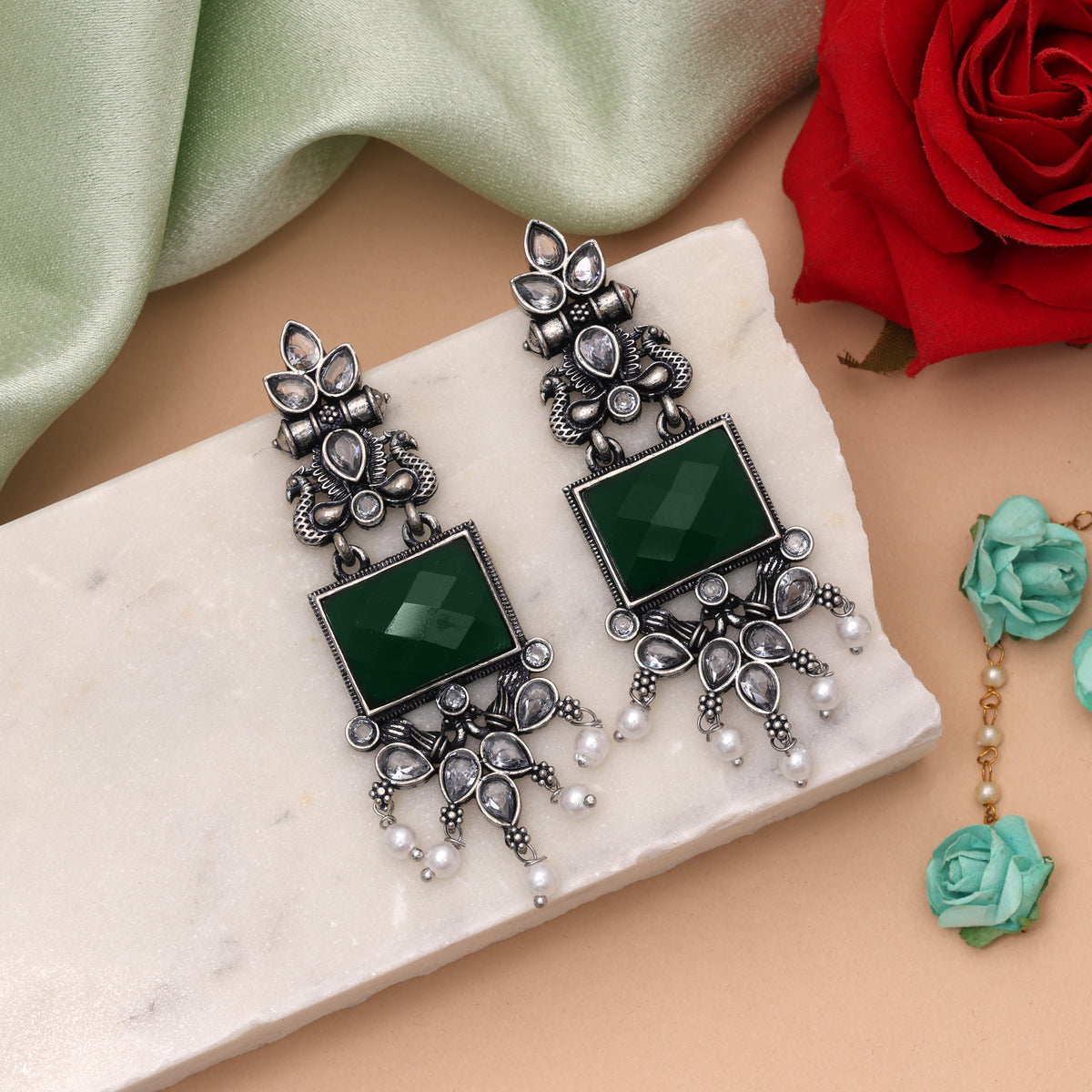 Green Color Oxidised German Silver Emerald Jhumka