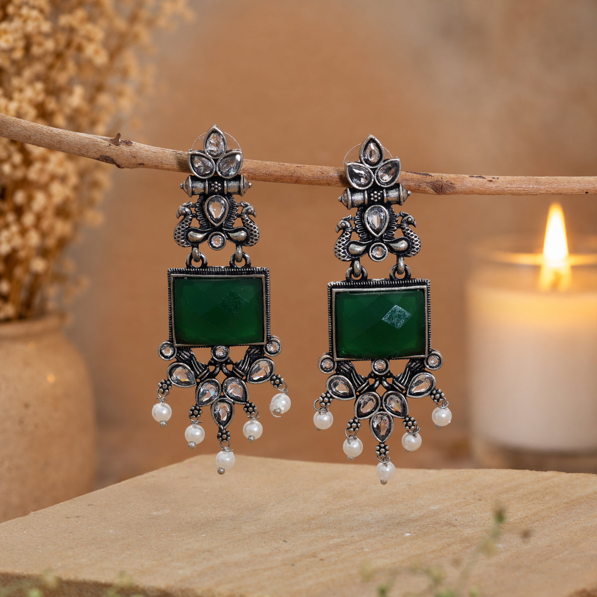 Green Color Oxidised German Silver Emerald Jhumka