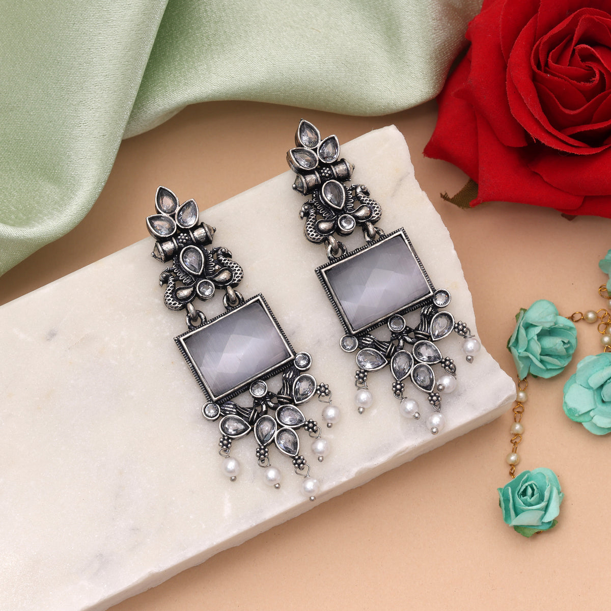 Grey Color Oxidised German Silver Gunmetal Dangle Earrings