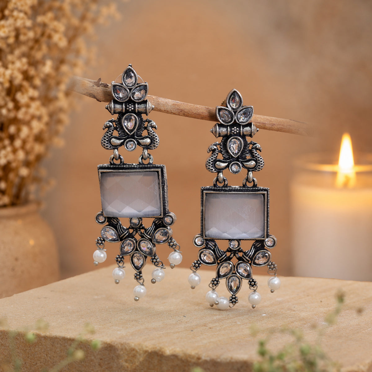Grey Color Oxidised German Silver Gunmetal Dangle Earrings