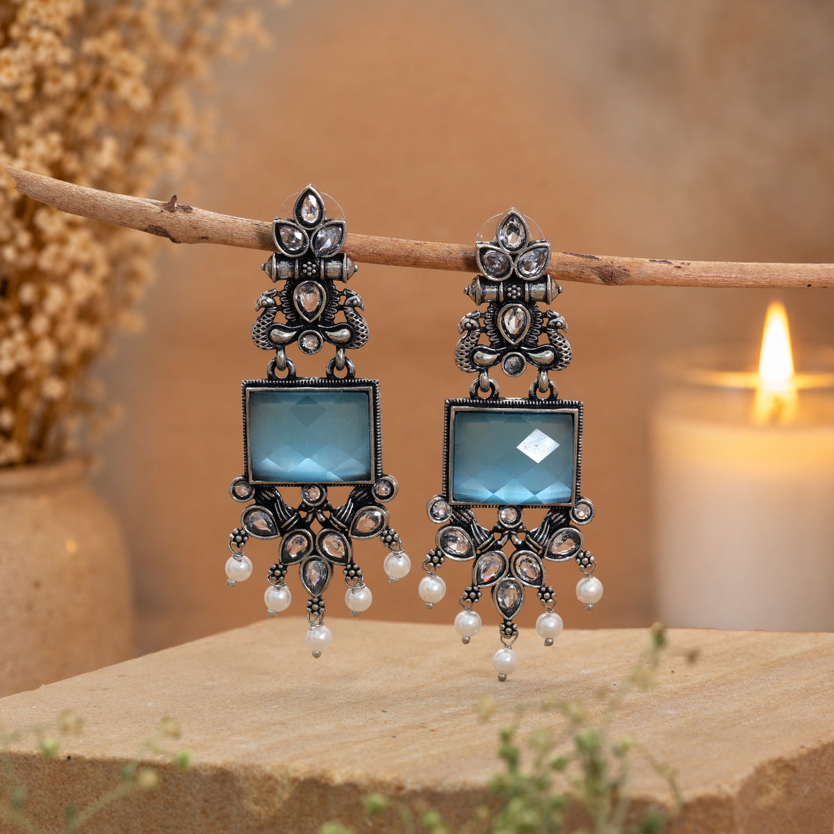 Light Blue Color Oxidised German Silver Sky Drop Earrings