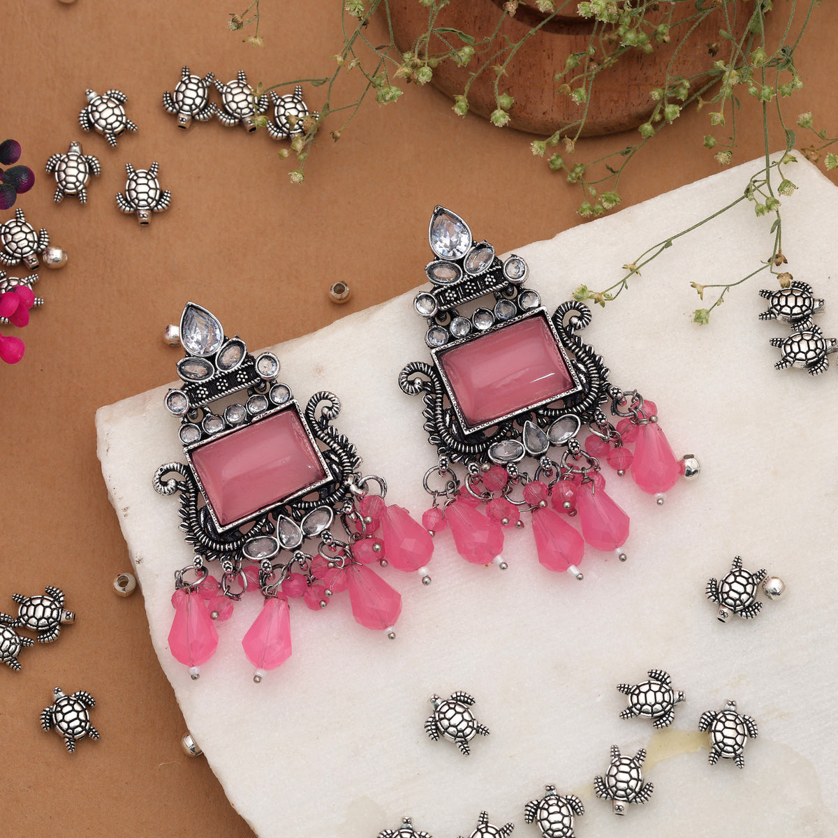 Pink Color Oxidised German Silver Baby Floral Earrings