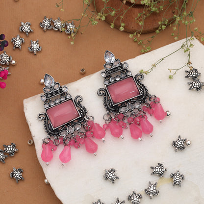 Pink Color Oxidised German Silver Baby Floral Earrings