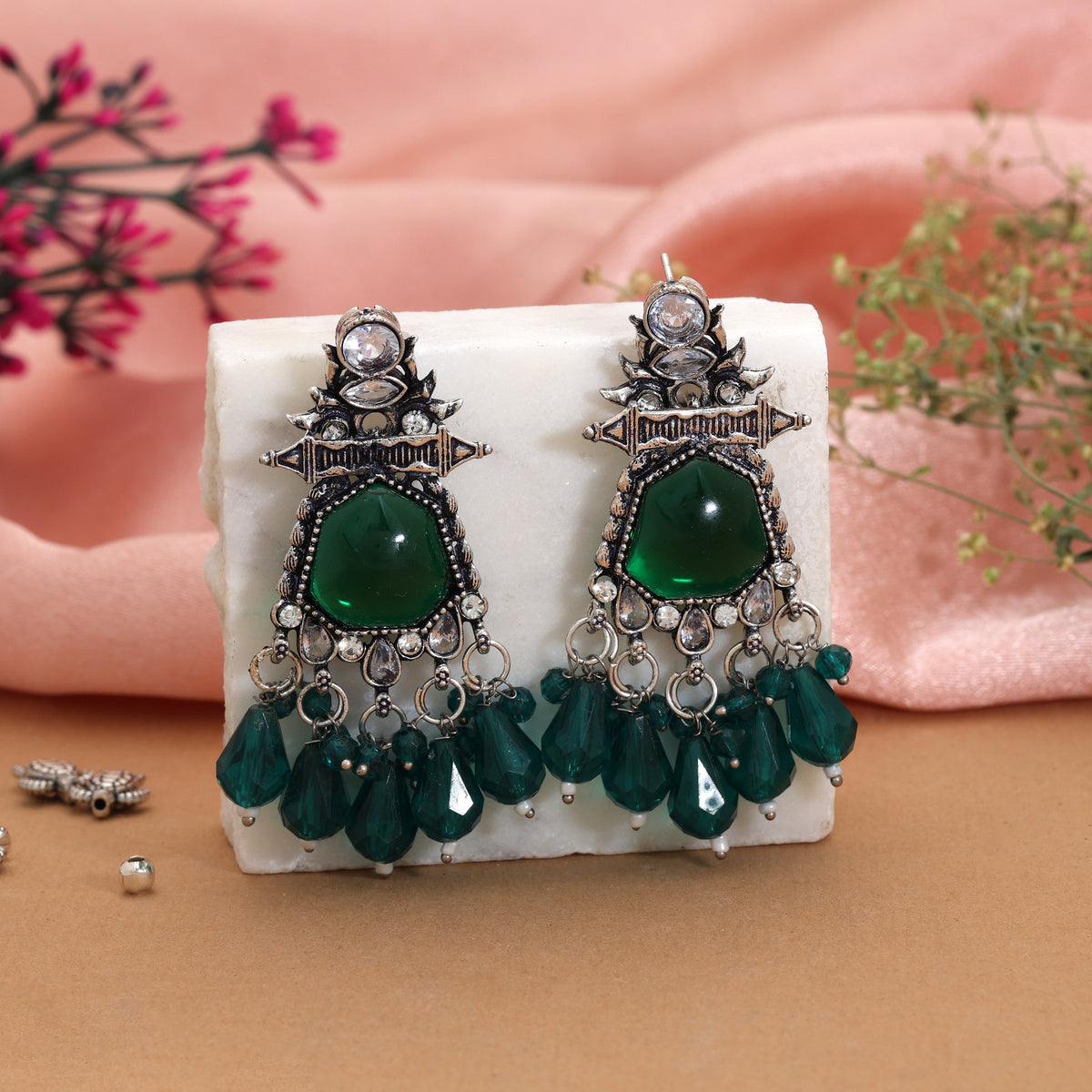 Green Color Oxidised German Silver Emerald Jhumka
