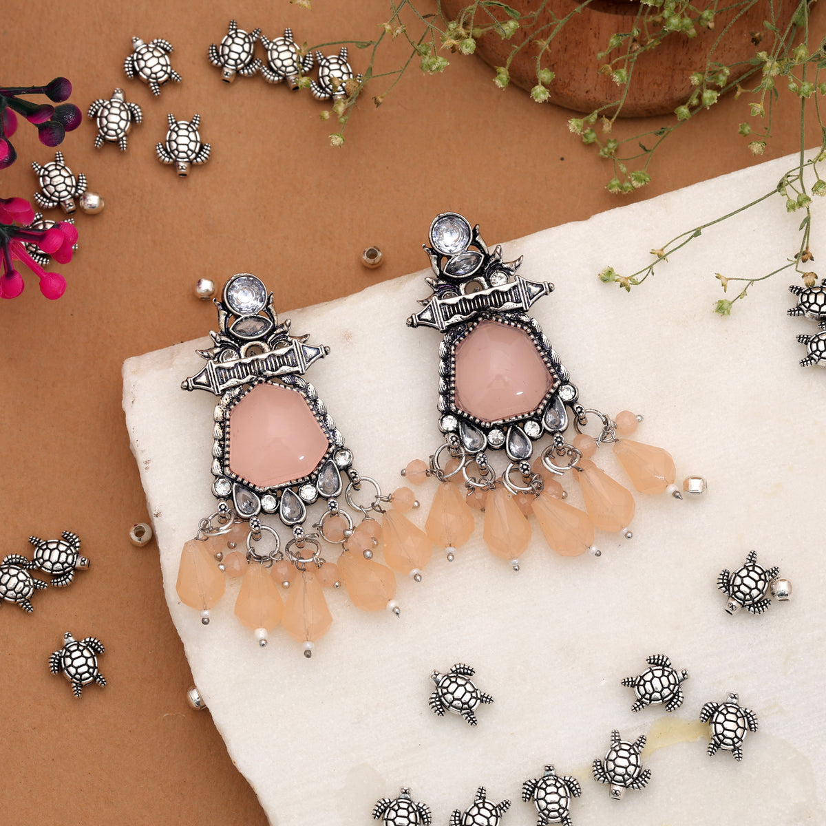 Peach Color Oxidised German Silver Floral Earrings