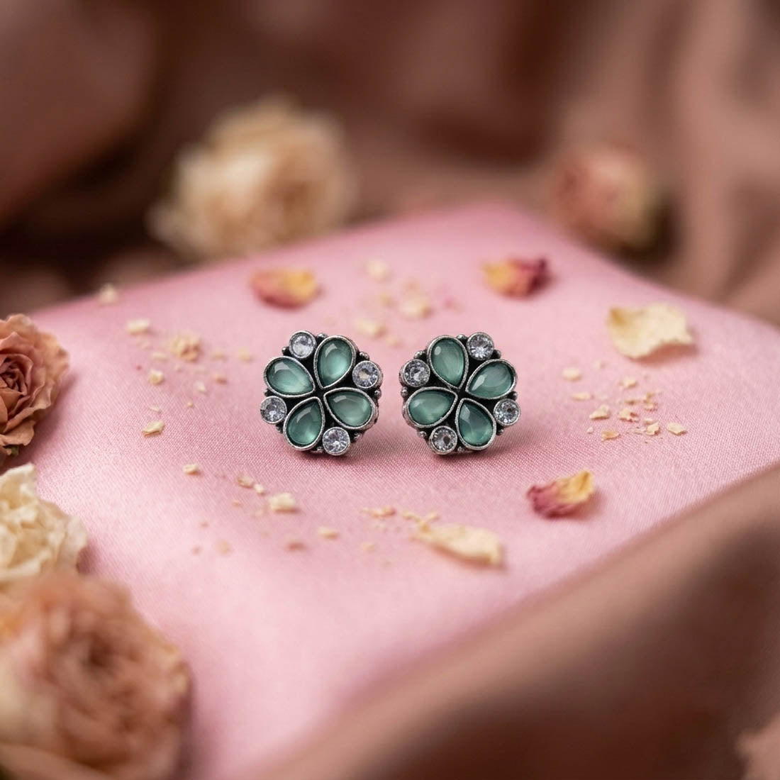 Pista Green Color Oxidised German Silver Drop Earrings