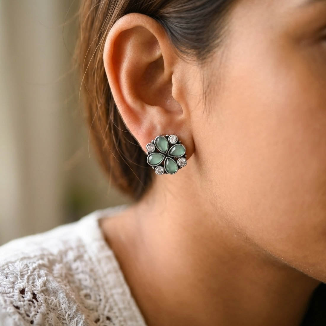 Pista Green Color Oxidised German Silver Drop Earrings