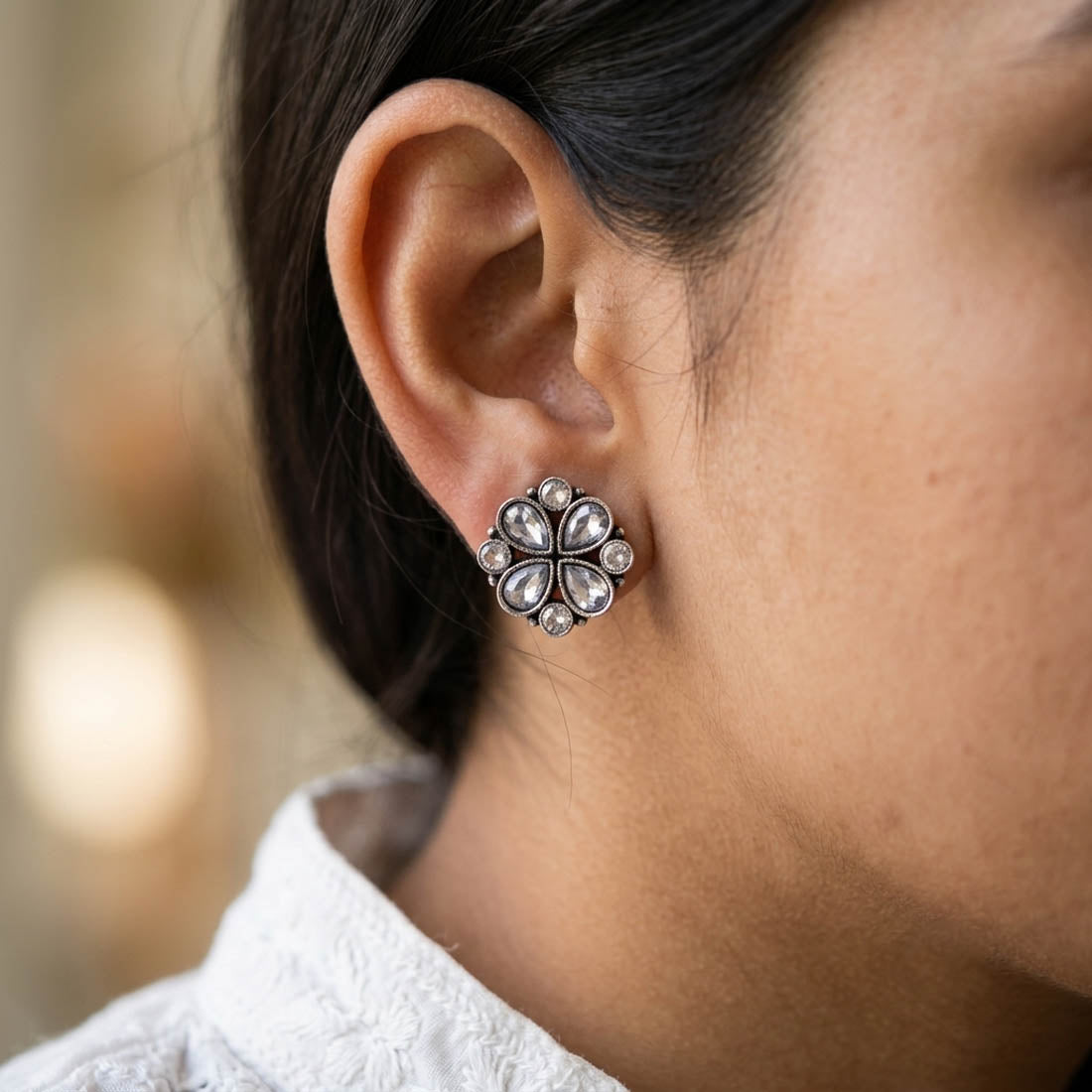 White Color Oxidised German Silver Pearl Drop Earrings
