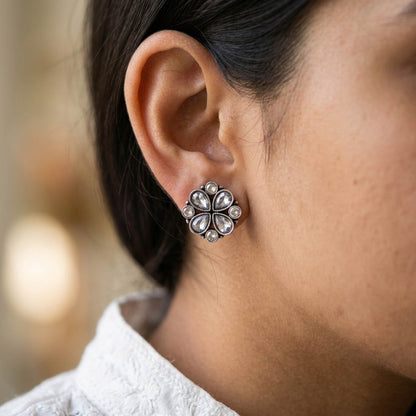 White Color Oxidised German Silver Pearl Drop Earrings