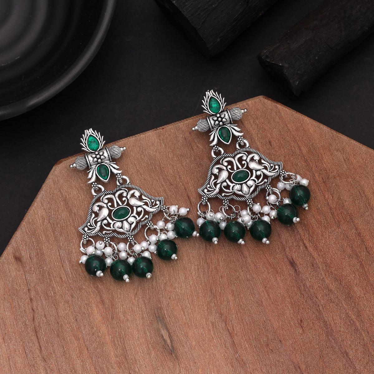Green Color Oxidised German Silver Emerald Jhumka