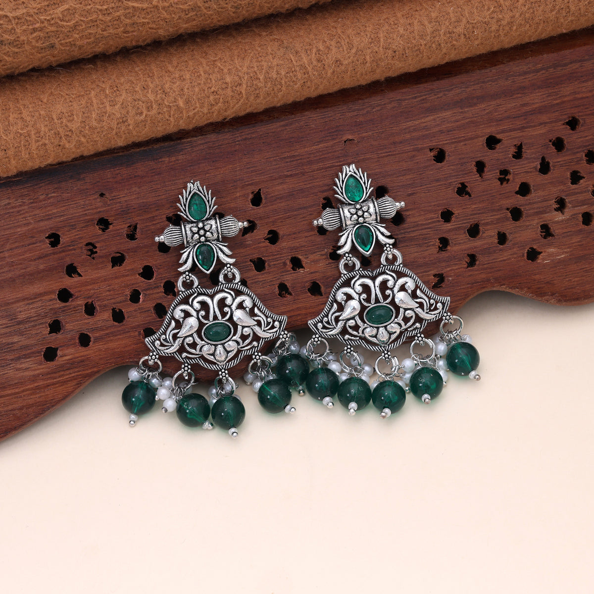 Green Color Oxidised German Silver Emerald Jhumka