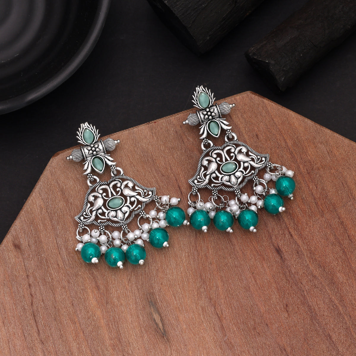 Light Green Color Oxidised German Silver Pastel Earrings