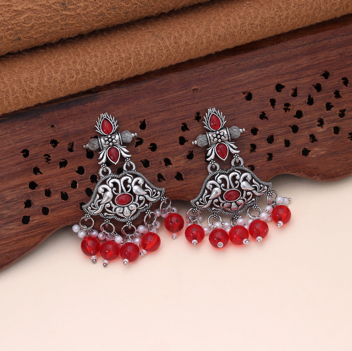 Red Color Oxidised German Silver Statement Jhumki