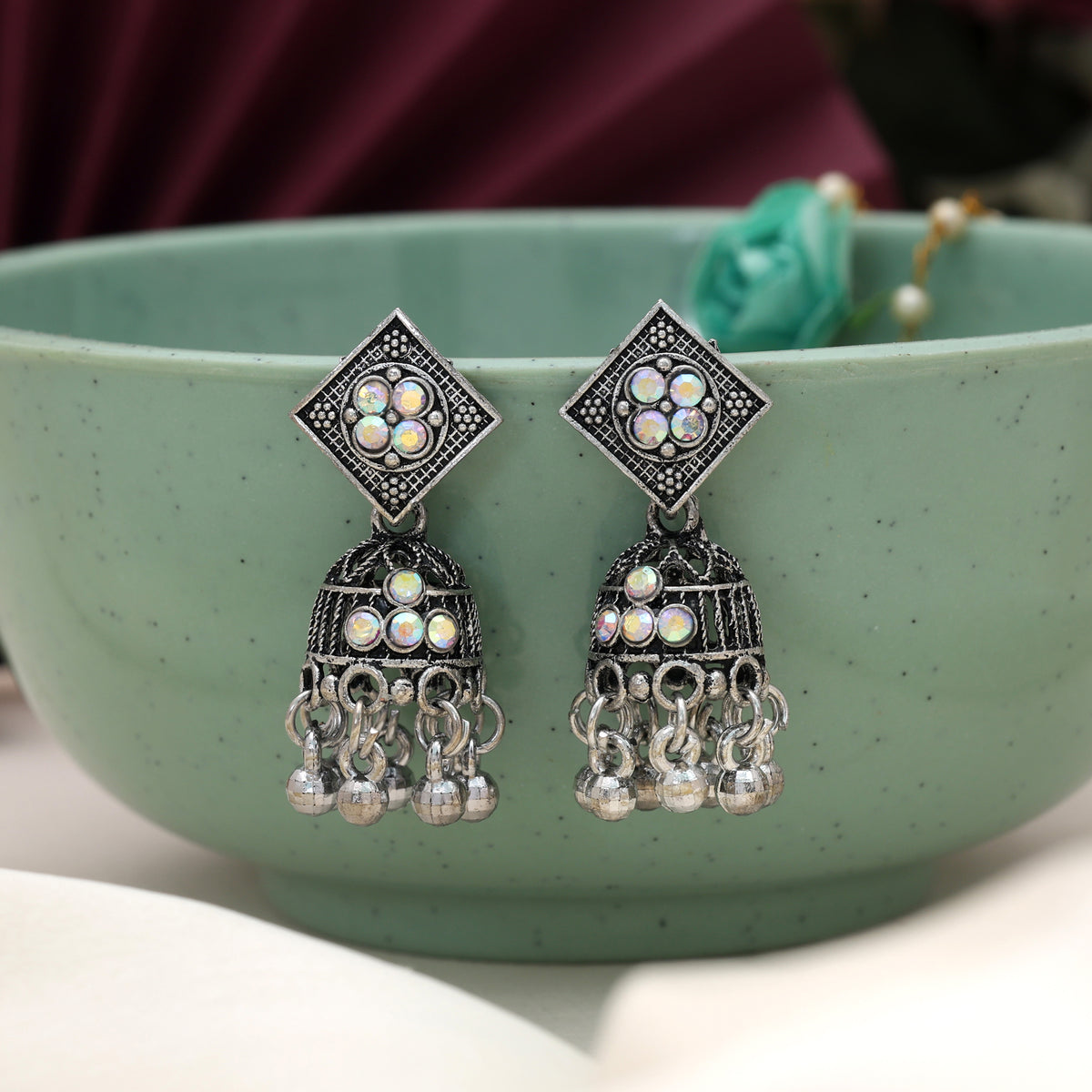 White Color Oxidised German Silver Pearl Drop Earrings