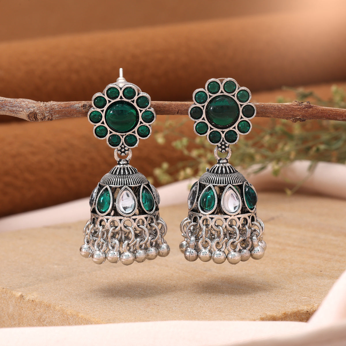 Green Color Oxidised German Silver Emerald Jhumka