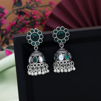 Green Color Oxidised German Silver Emerald Jhumka