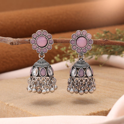 Pink Color Oxidised German Silver Baby Floral Earrings
