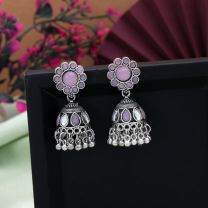 Pink Color Oxidised German Silver Baby Floral Earrings