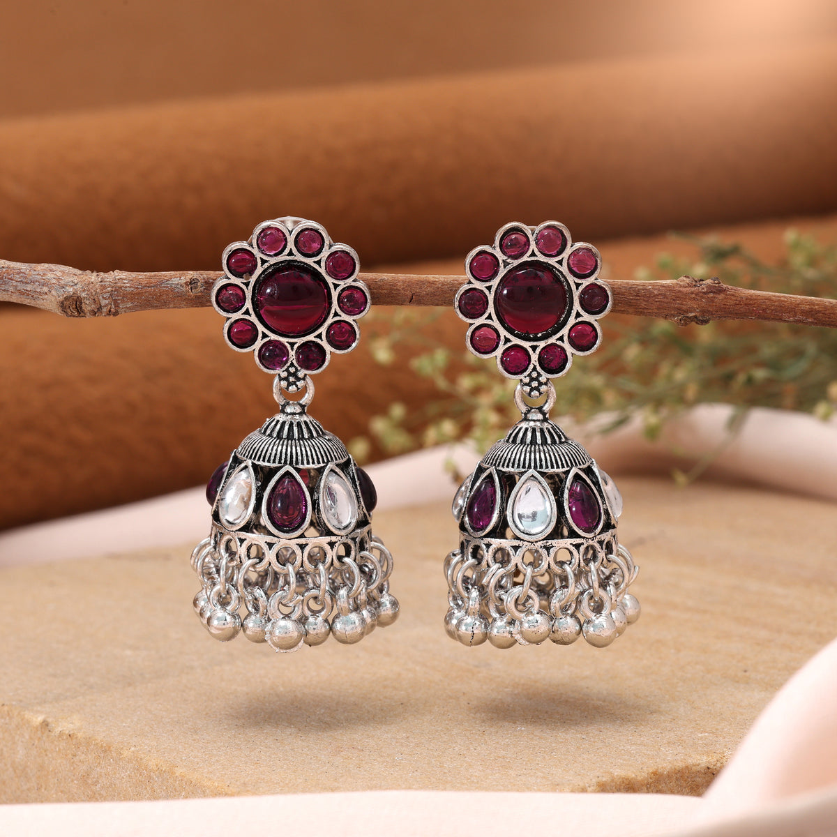 Purple Color Oxidised German Silver Statement Earrings