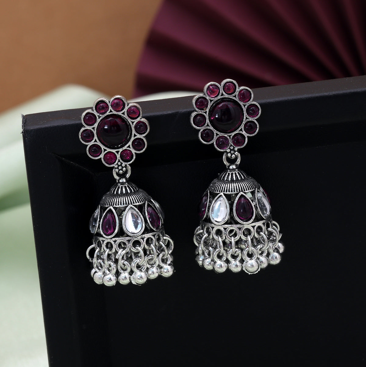Purple Color Oxidised German Silver Statement Earrings
