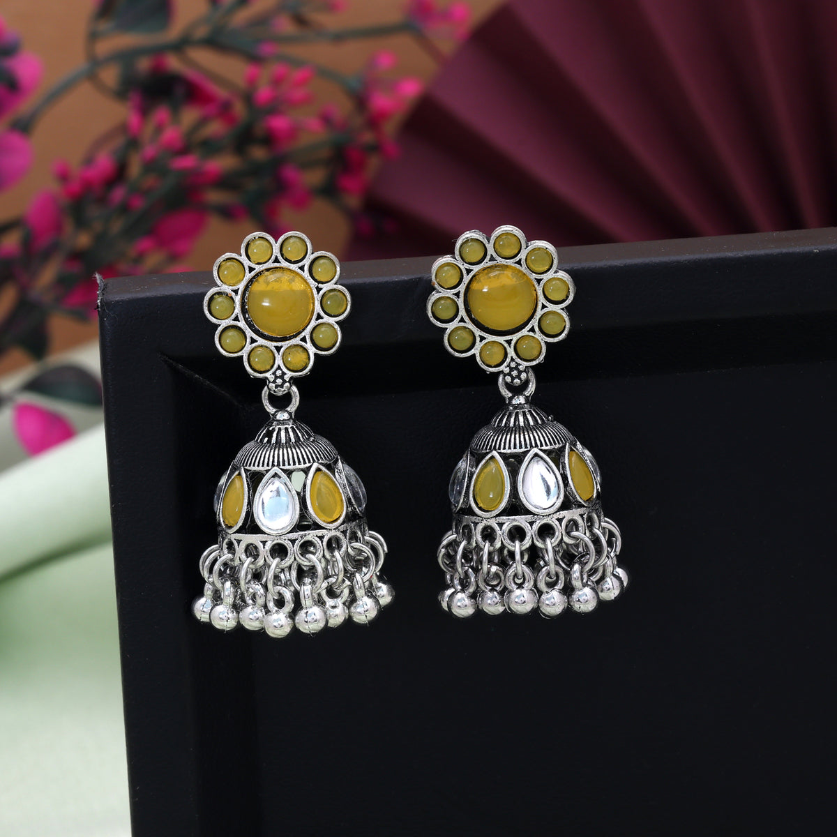 Yellow Color Oxidised German Silver Bright Jhumka