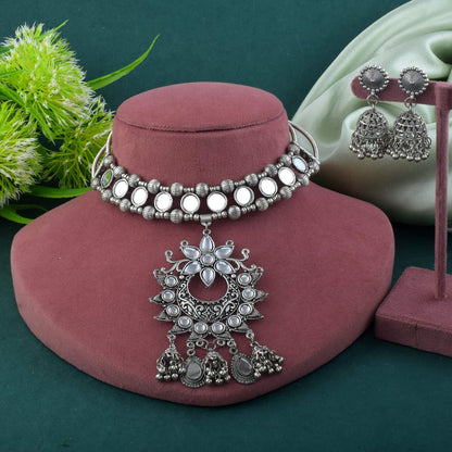 Bold Silver Color Hasli Oxidised Necklace Set With Tribal Jewelry Influence