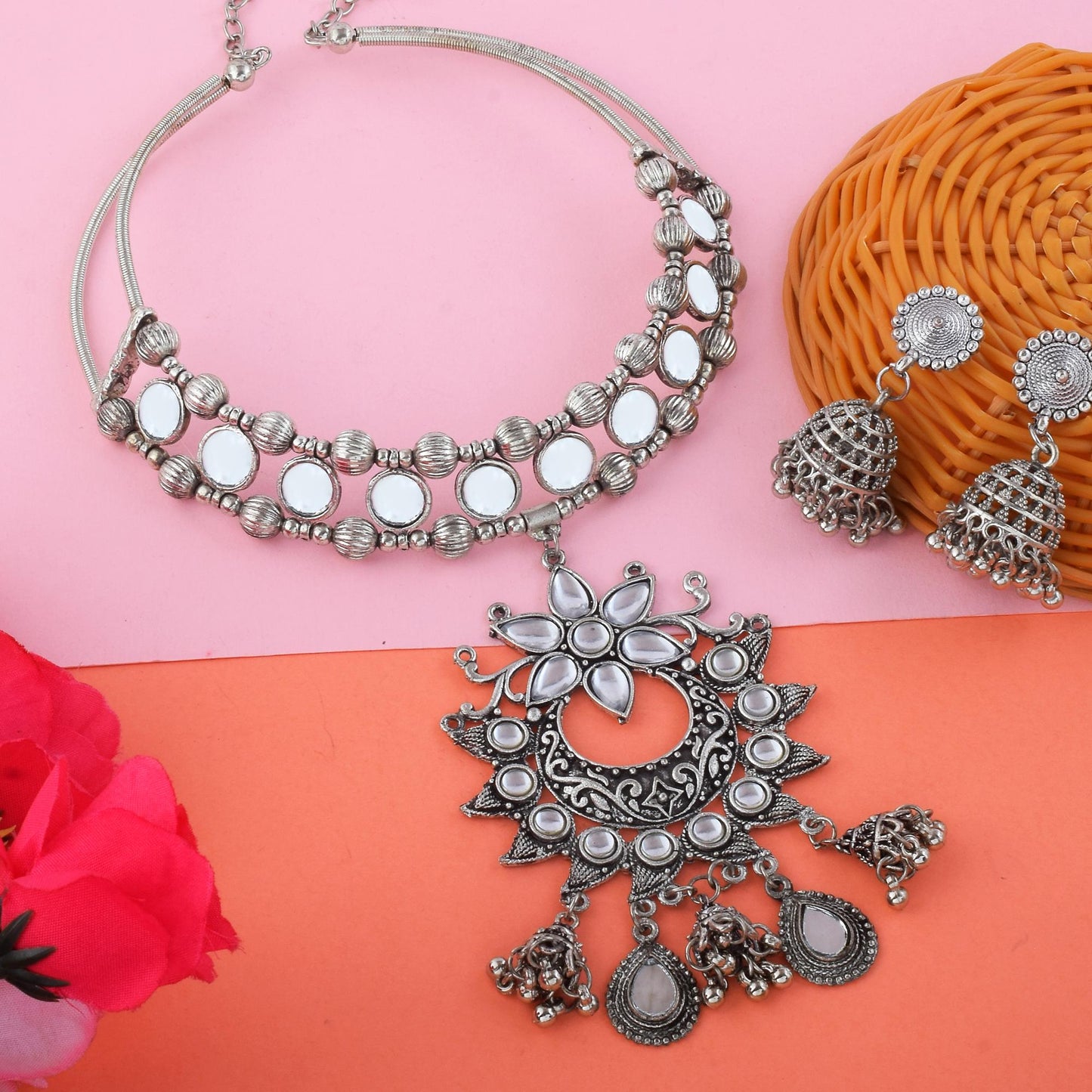 Bold Silver Color Hasli Oxidised Necklace Set With Tribal Jewelry Influence