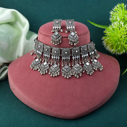 Artisan Silver Color Oxidised Necklace Set Crafted For Traditional Elegance
