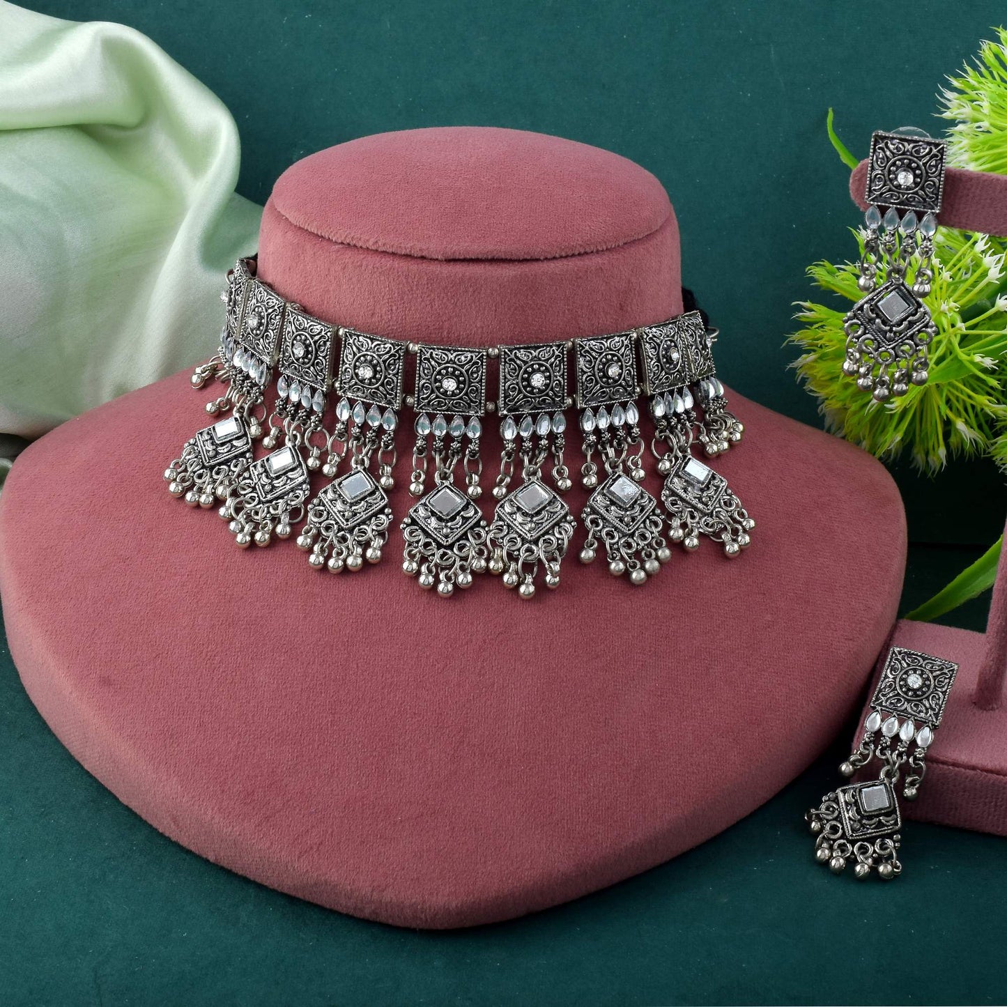 Artisan Silver Color Oxidised Necklace Set Crafted For Traditional Elegance