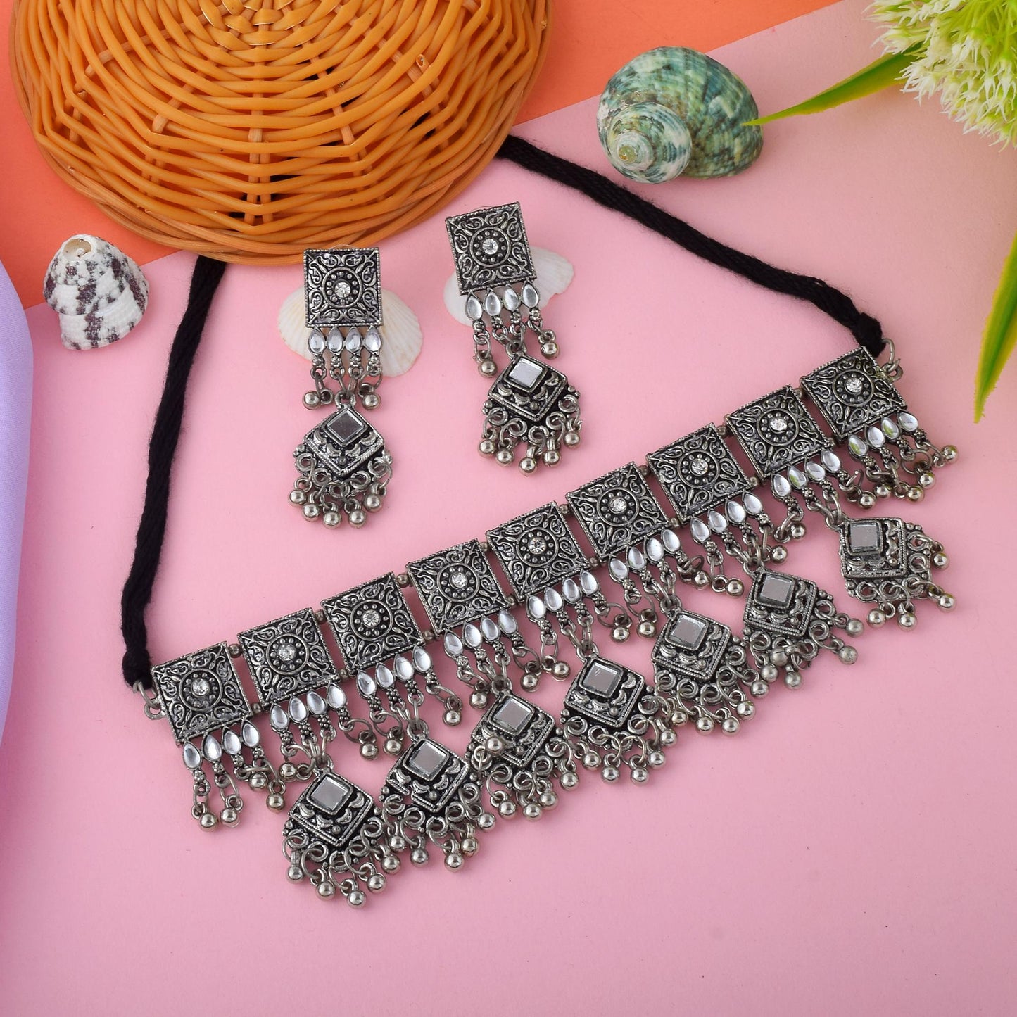 Artisan Silver Color Oxidised Necklace Set Crafted For Traditional Elegance