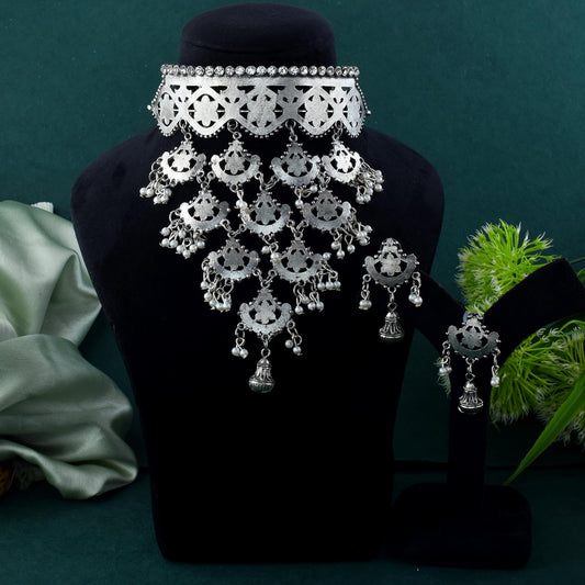 Silver Color Oxidised Necklace Set With Unique Engraved Detailing And Charm