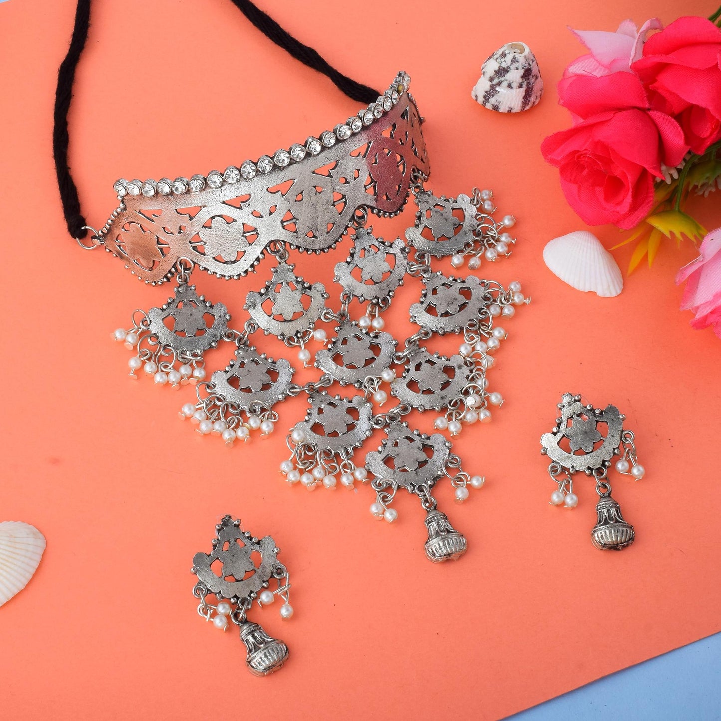 Silver Color Oxidised Necklace Set With Unique Engraved Detailing And Charm